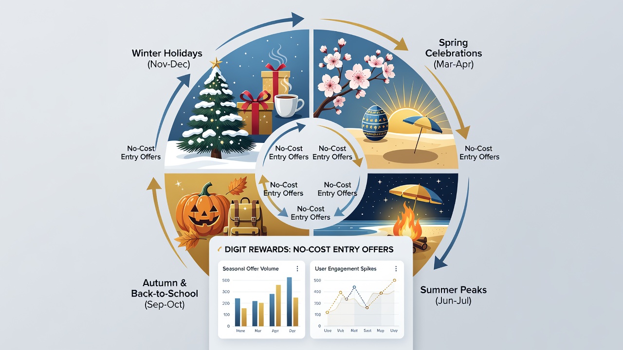 Digital wheel table interfaces displaying seasonal bonus timing and no-cost entry mechanics