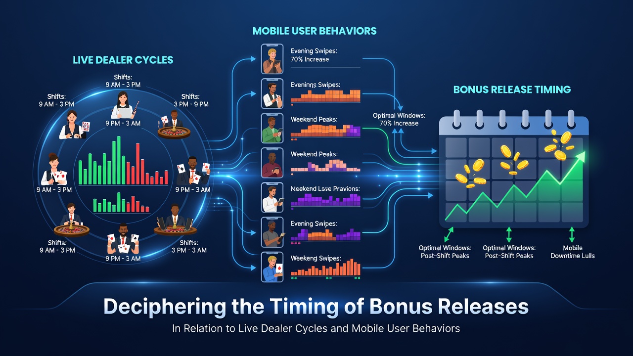 Mobile app interface showing bonus notifications timed against live dealer cycle timelines and user activity heatmaps