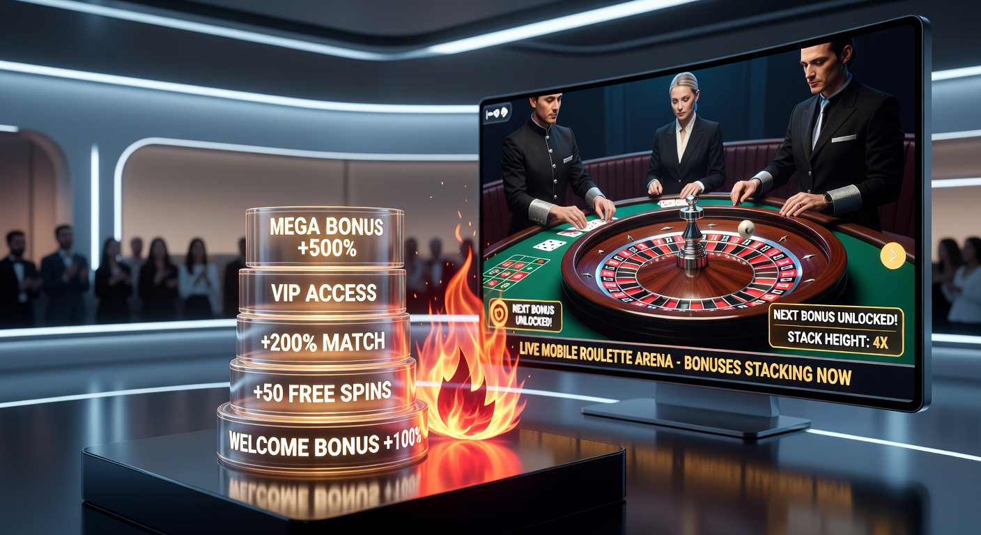 Close-up of a smartphone displaying stacked welcome bonus tiers active on a live roulette wheel spin