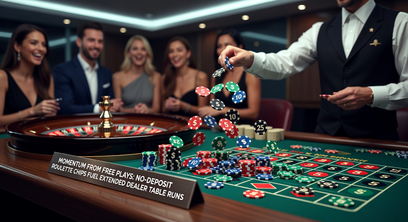 Live roulette dealer spinning the wheel as players place free chip bets, capturing the thrill of extended sessions