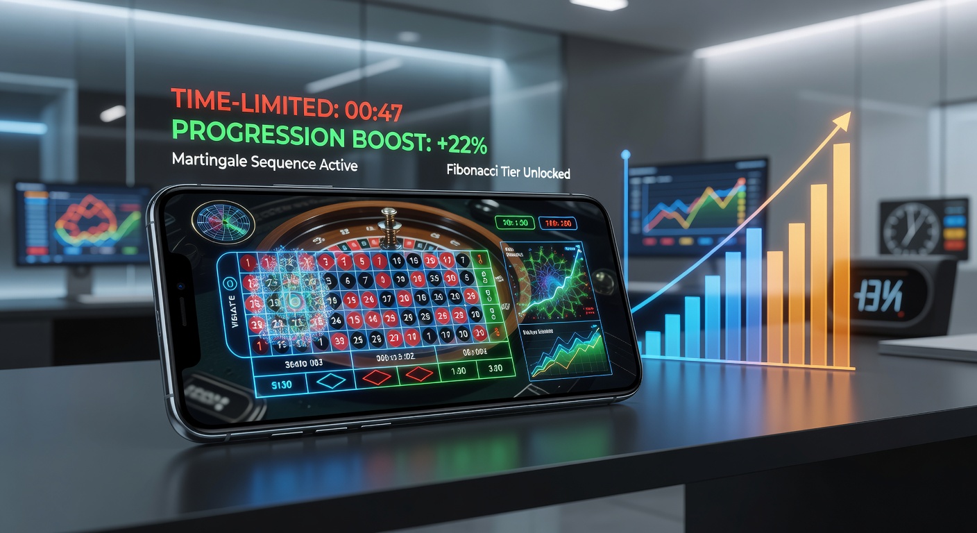 Smartphone displaying roulette wheel with time-limited bonus overlay and betting progression chart