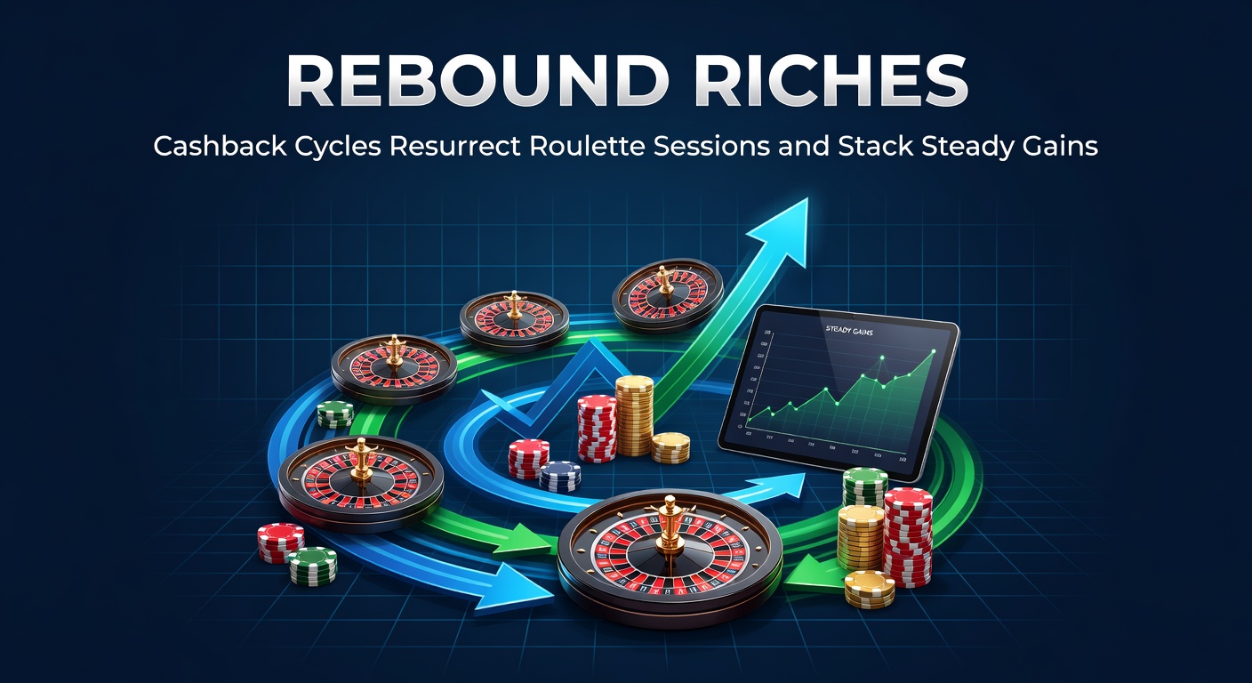 Vibrant roulette wheel spinning with glowing cashback icons overlayed, symbolizing cycles of rebates fueling extended play