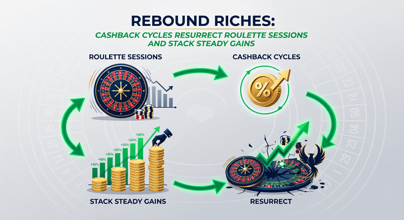 Infographic showing cashback cycle flowchart: losses lead to rebates, rebates fuel new bets, resulting in stacked gains over multiple weeks
