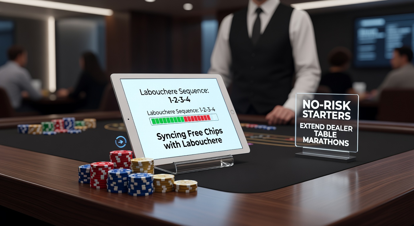 Live dealer roulette table with Labouchere betting sequence overlaid, showing free chip integration for session extension