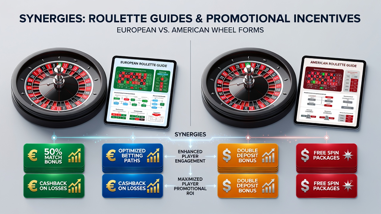 Promotional incentive flowchart overlaid on American and European roulette table layouts illustrating bonus conversion pathways